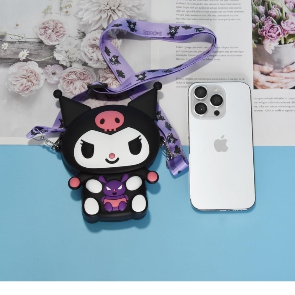 Sanrio Black Character Phone Case with Purple Strap Kawaii Kumi Crossbody Bag wi